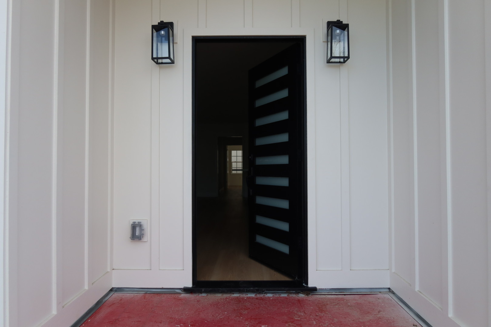 Modern black front door with horizontal glass panels
