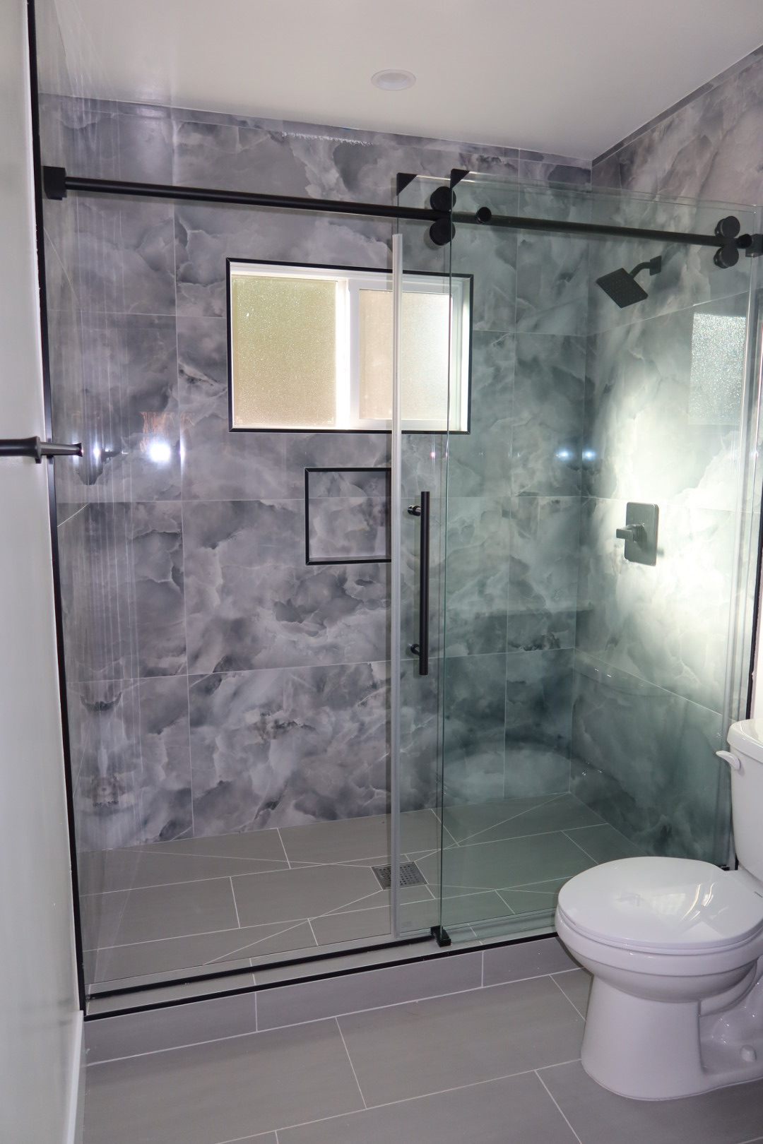 Luxury bathroom with dramatic marble tile